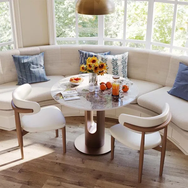 35" Modern Breakfast Nook Table, Small Dining Table For Breakfast Nook & Compact Spaces, Glossy Pandora Sintered Stone Top With Bronze Metal Base - Image 2