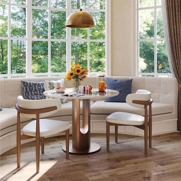 35" Modern Breakfast Nook Table, Small Dining Table For Breakfast Nook & Compact Spaces, Glossy Pandora Sintered Stone Top With Bronze Metal Base - Image 3