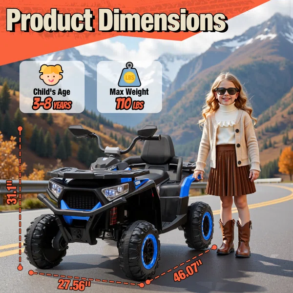 800W Kids Electric ATV – Bluetooth Music, All-Terrain, Dual Mode, Safety Protection, Gift For Ages 3-8 - Image 3