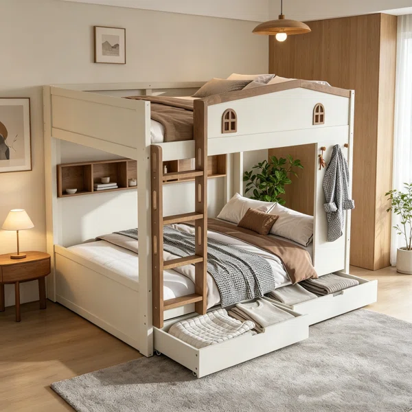 Bunk Bed, High‑Low Bunk Bed With Storage Drawers And Open Shelves, Solid Wood Bunk Beds With Hooks, No Box Spring Needed, Kids Wooden Bunk Bed For Kids Bedroom And Playroom, Black And White - Image 2