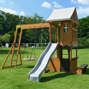 Cedar Wooden Swing Set with 8' Wave Slide, Metal Monkey Bar, Clubhouse, Playhouse, and Snack Bar Window