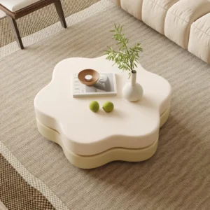 Masek Flower Shape Rotating Coffee Table, Modern Sytle and Creamy White Color, Extendable Coffee Table No Assembly Required