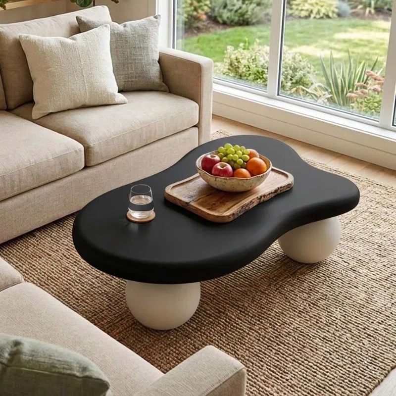 Modern 47" Cloud-Shaped Coffee Table with Three Ball Legs, Minimalist Low Accent Table for Living Room and Lounge Spaces