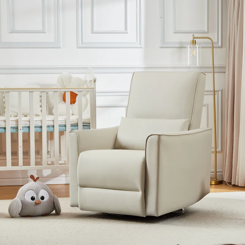 Oversized Single Sofa with High Backrest & Padded Armrests, Manual Swivel Rocking Recliner Chair Featuring Easy-Care Faux Leather with Lumbar Support for Living Room, Light Beige - Image 3