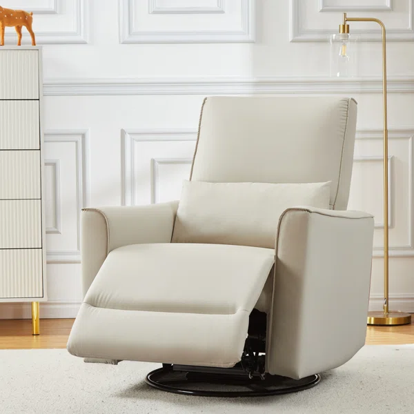 Oversized Single Sofa with High Backrest & Padded Armrests, Manual Swivel Rocking Recliner Chair Featuring Easy-Care Faux Leather with Lumbar Support for Living Room, Light Beige - Image 4