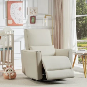 Oversized Single Sofa with High Backrest & Padded Armrests, Manual Swivel Rocking Recliner Chair Featuring Easy-Care Faux Leather with Lumbar Support for Living Room, Light Beige