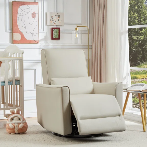 Oversized Single Sofa with High Backrest & Padded Armrests, Manual Swivel Rocking Recliner Chair Featuring Easy-Care Faux Leather with Lumbar Support for Living Room, Light Beige