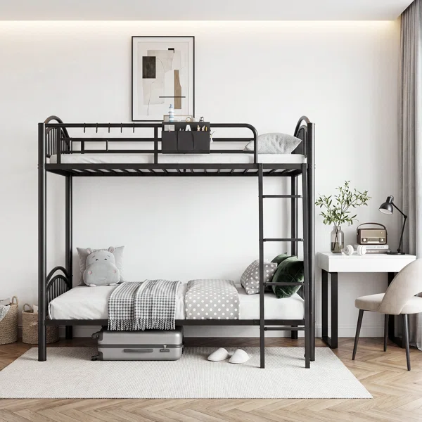 Space-Saving Semicircle Bunk Bed With Attached Storage Bag, 13.4" Safety Rail & Stable Ladder, Black Twin Size Metal Bunk, No Box Spring - Image 2
