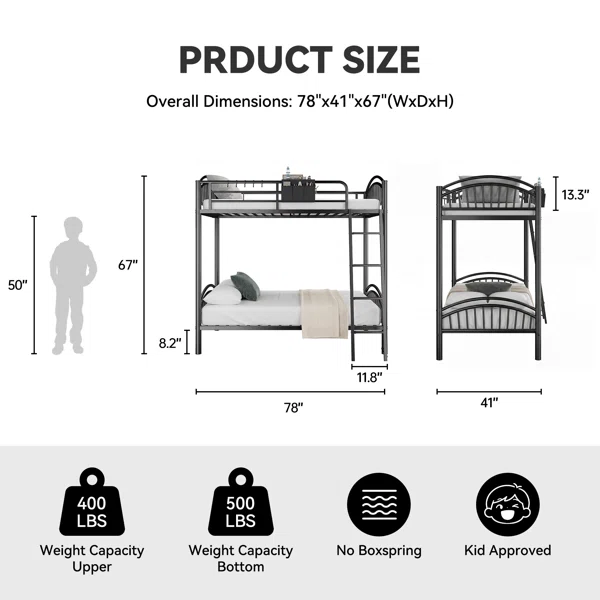 Space-Saving Semicircle Bunk Bed With Attached Storage Bag, 13.4" Safety Rail & Stable Ladder, Black Twin Size Metal Bunk, No Box Spring - Image 3