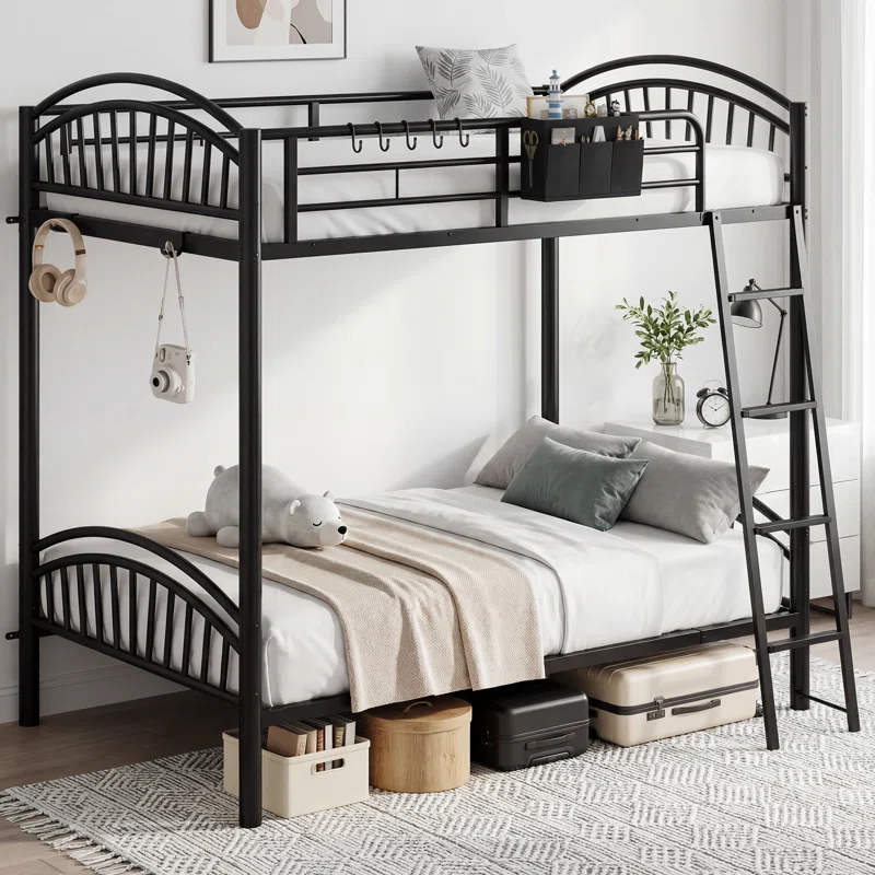 Space-Saving Semicircle Bunk Bed With Attached Storage Bag, 13.4" Safety Rail & Stable Ladder, Black Twin Size Metal Bunk, No Box Spring