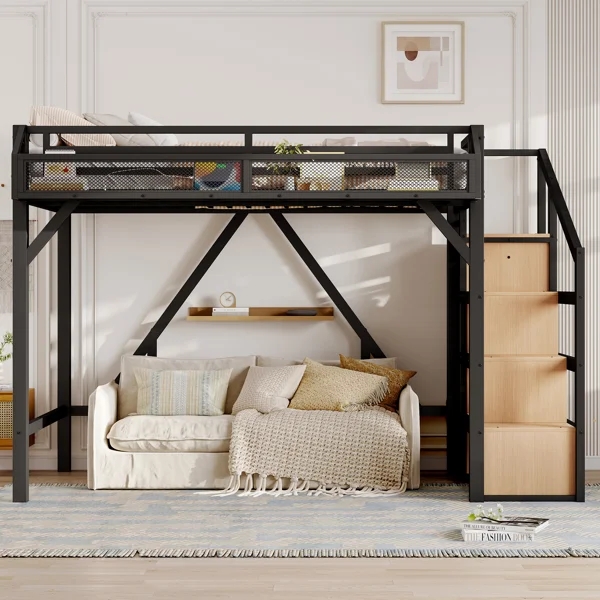 Twin XL Loft Bed with Storage Stairs, Shelves & Built-in Wardrobe, Metal Loft Bed Frame with LED & USB, Natural Wood - Image 2