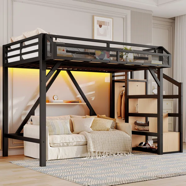Twin XL Loft Bed with Storage Stairs, Shelves & Built-in Wardrobe, Metal Loft Bed Frame with LED & USB, Natural Wood - Image 3