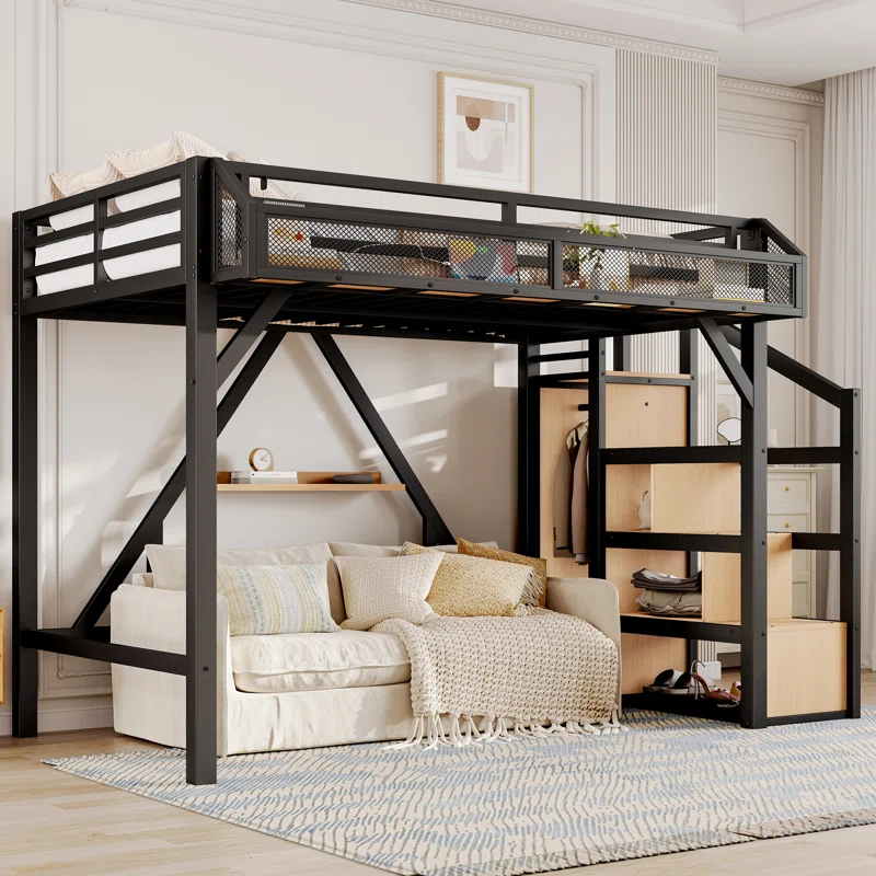 Twin XL Loft Bed with Storage Stairs, Shelves & Built-in Wardrobe, Metal Loft Bed Frame with LED & USB, Natural Wood